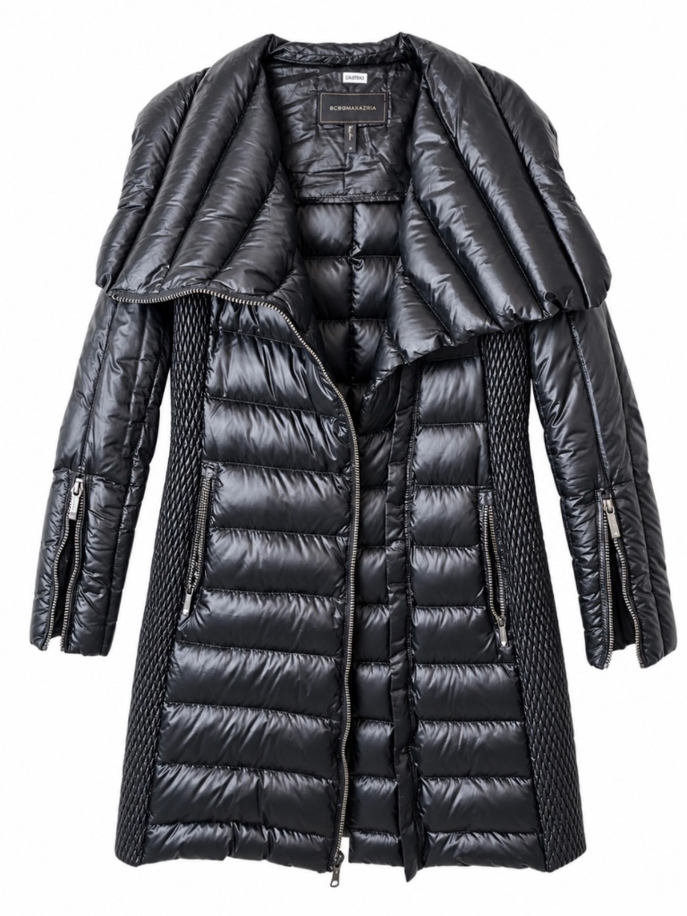 BCBGMAXAZRIA Down Puffer Coat Medium Black Oversized Collar Zippered Sleeve M